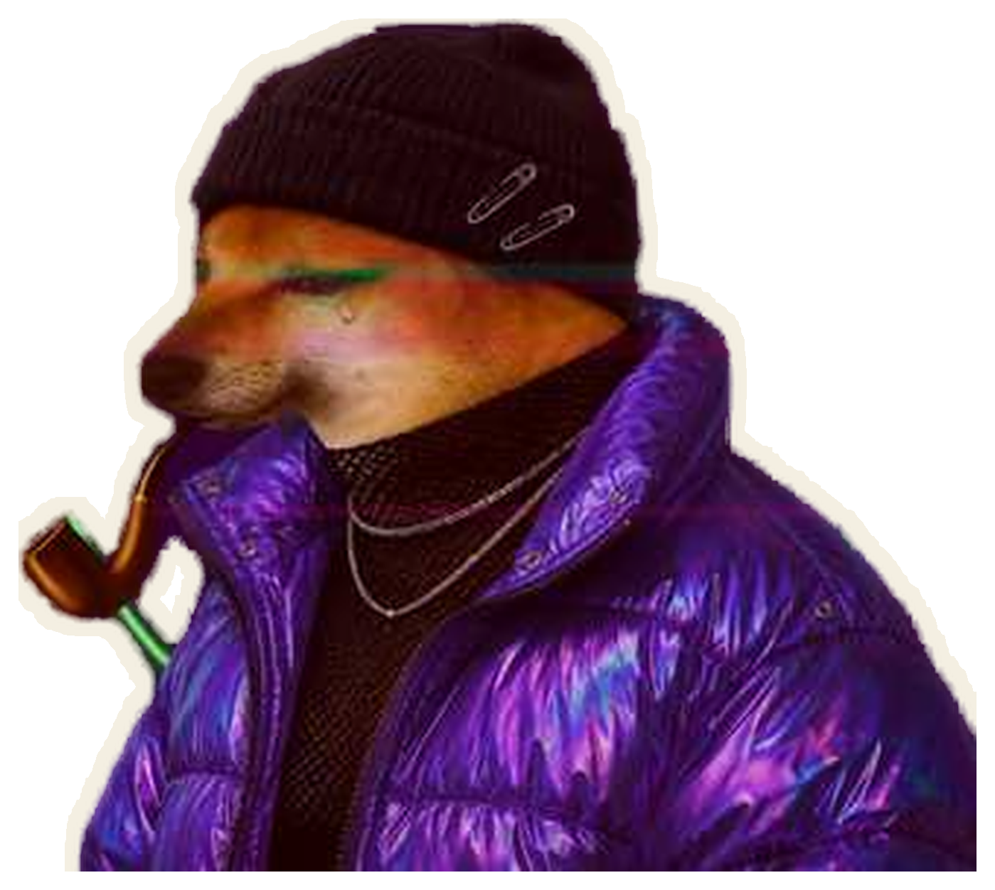 Pipe Dog #256 — Iridescent Puffer, Pinned Beanie, Violet Halo